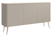 Kommode Ovarlo mit Fräsungen, dreitürig, 163 cm, sandbeige mit goldenen Beinen