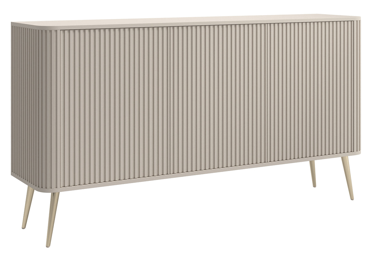 Kommode Ovarlo mit Fräsungen, dreitürig, 163 cm, sandbeige mit goldenen Beinen
