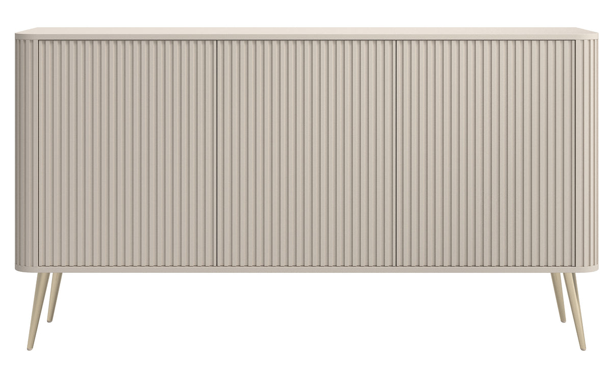 Kommode Ovarlo mit Fräsungen, dreitürig, 163 cm, sandbeige mit goldenen Beinen