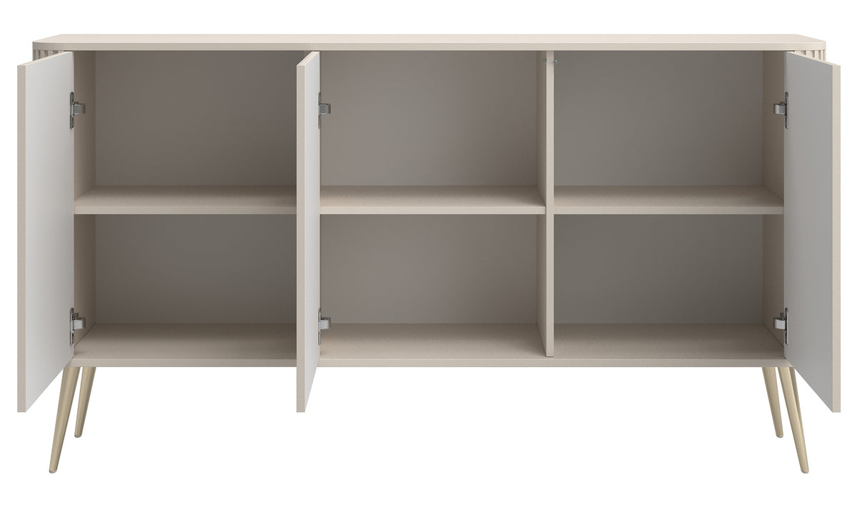 Kommode Ovarlo mit Fräsungen, dreitürig, 163 cm, sandbeige mit goldenen Beinen