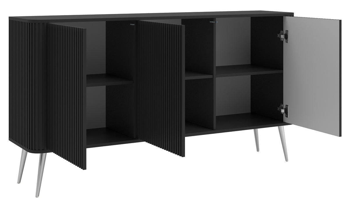 Commode trois portes Ovarlo avec rainures 163 cm noire avec pieds argentés