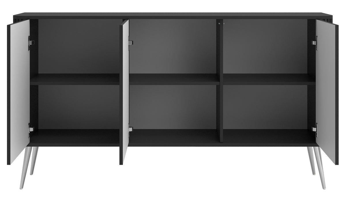 Commode trois portes Ovarlo avec rainures 163 cm noire avec pieds argentés