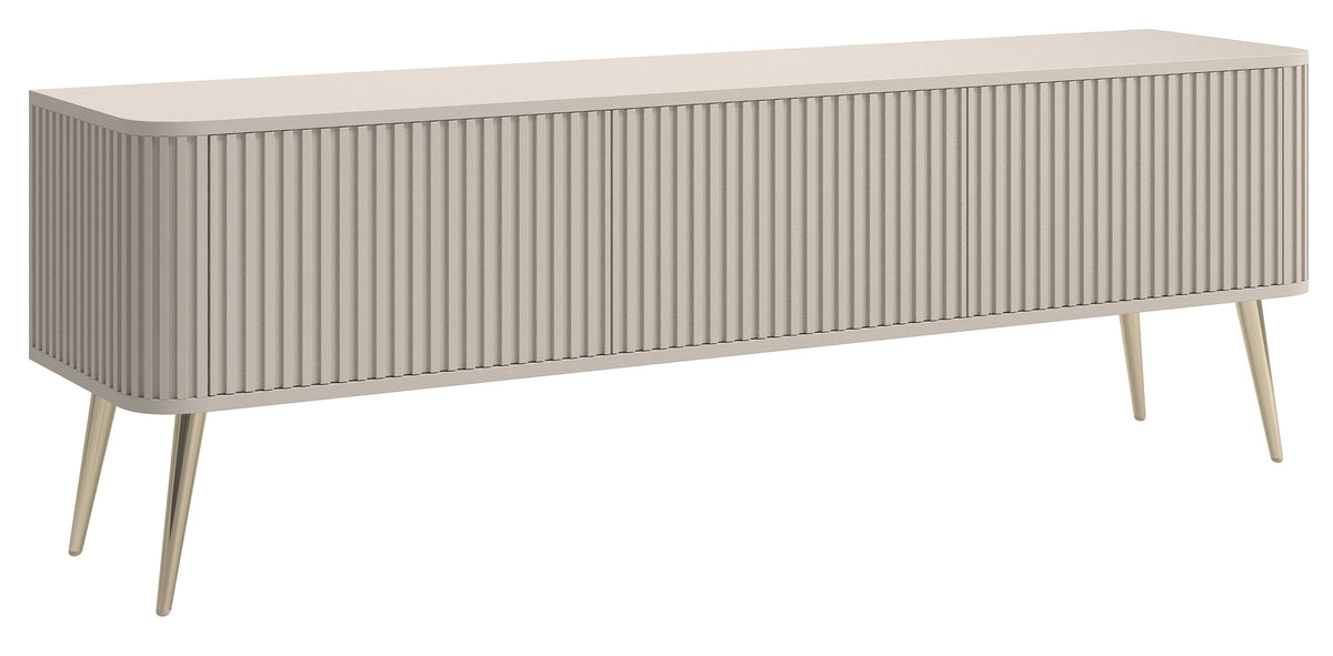 Meuble TV trois portes Ovarlo à cannelures 163 cm beige sable avec pieds dorés