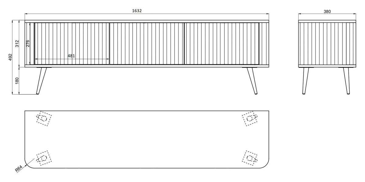 TV-Schrank Ovarlo mit Rillen, dreitürig, 163 cm, schwarz mit silbernen Beinen