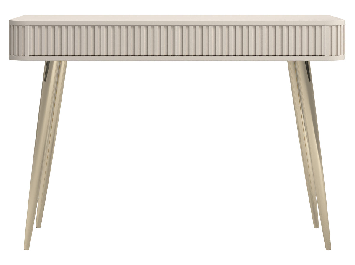 Toilettentisch Ovarlo mit Rillen und zwei Schubladen, 113 cm, sandbeige mit goldenen Beinen
