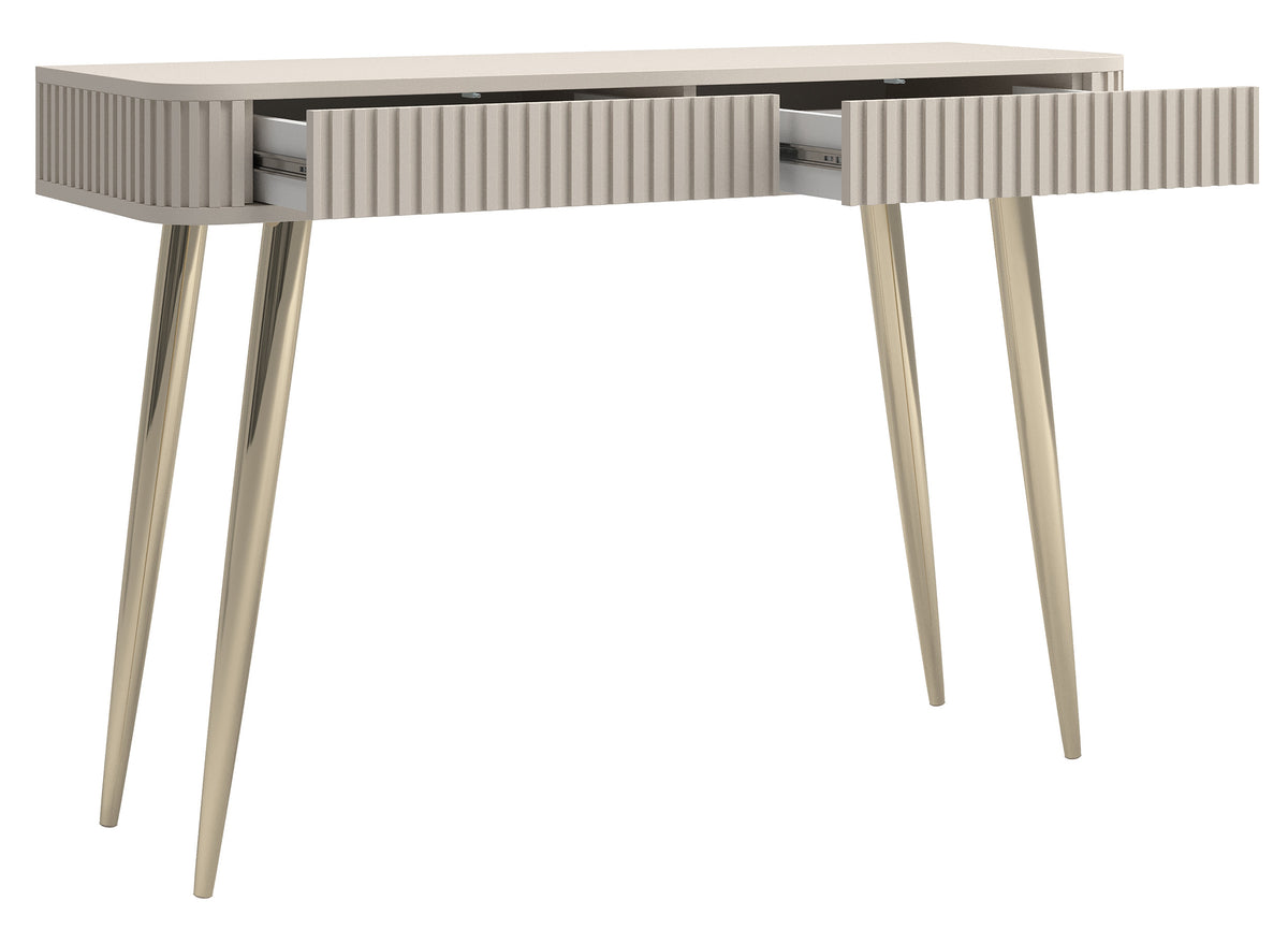 Toilettentisch Ovarlo mit Rillen und zwei Schubladen, 113 cm, sandbeige mit goldenen Beinen