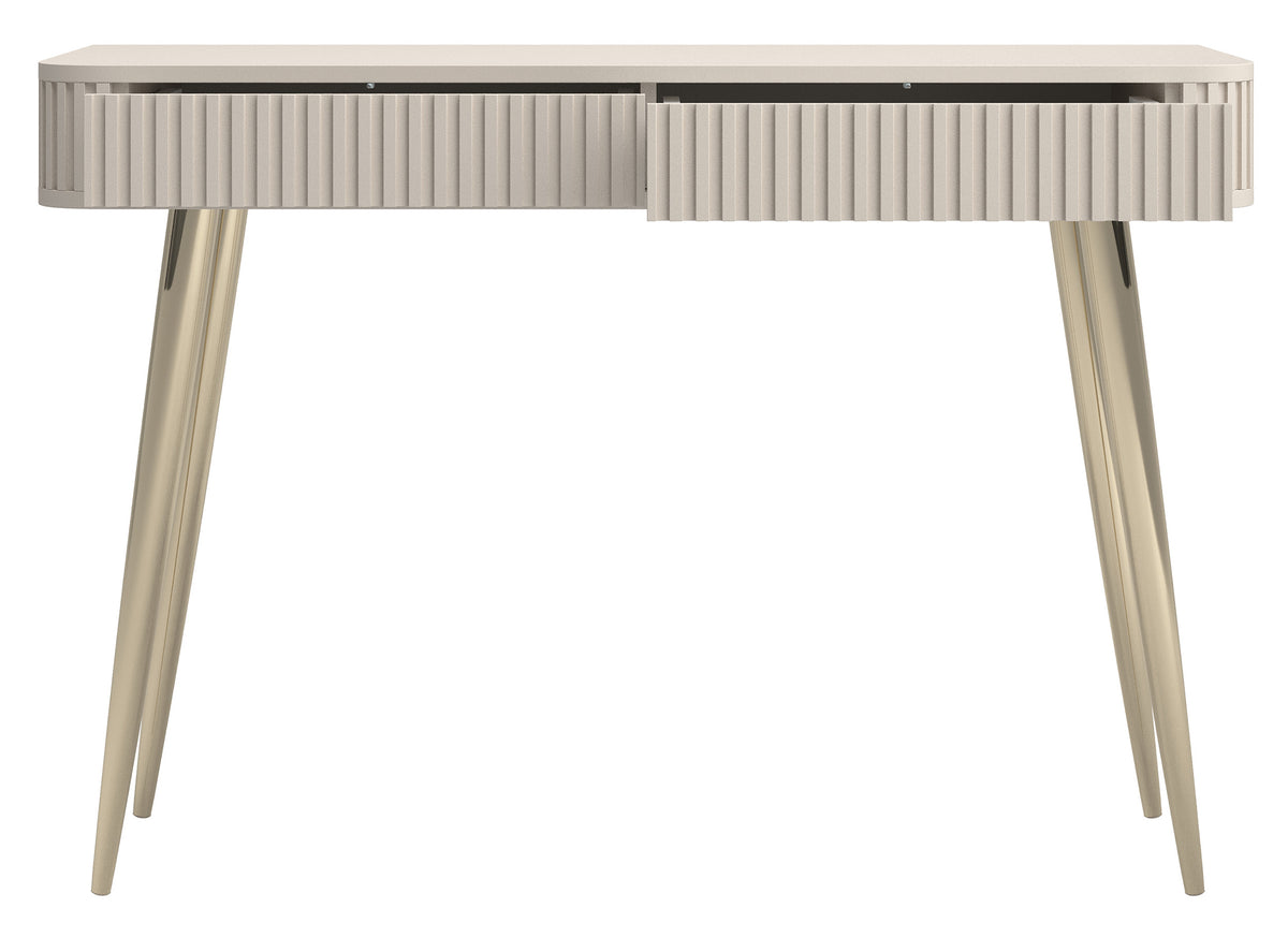 Toilettentisch Ovarlo mit Rillen und zwei Schubladen, 113 cm, sandbeige mit goldenen Beinen