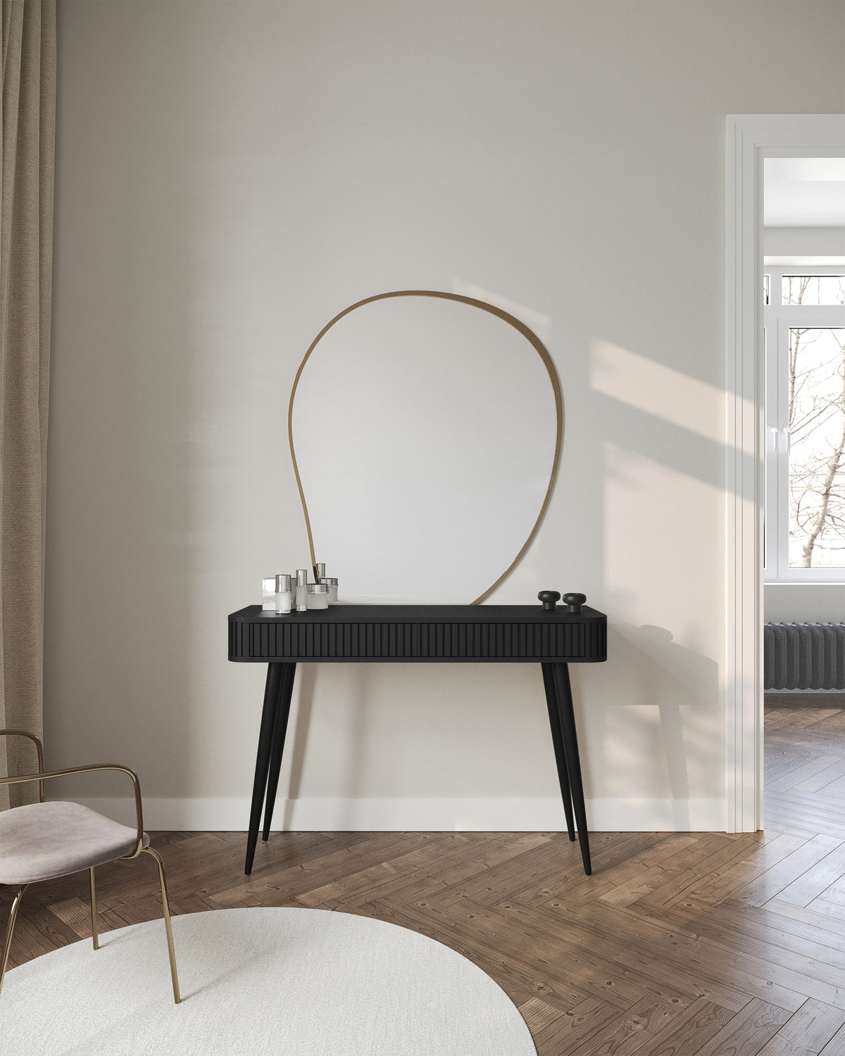 Toilette Ovarlo avec rainures et deux tiroirs 113 cm noire avec pieds noirs