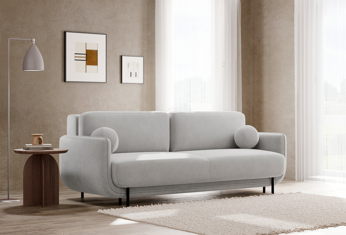 Dreisitziges ausklappbares Sofa Ovals in hellgrauem Samtstoff