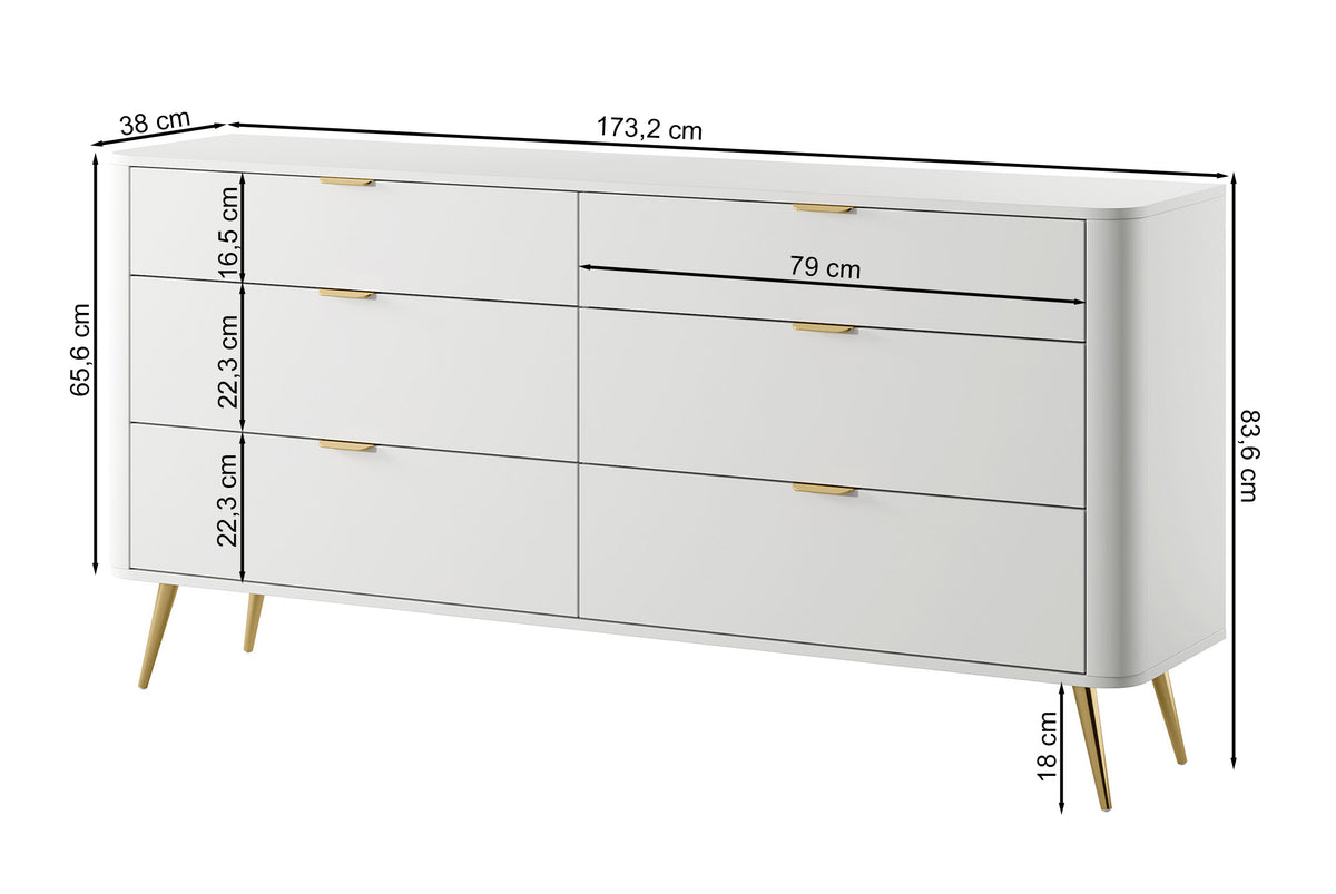 Oval-Kommode mit sechs Schubladen, 173 cm, Weiß