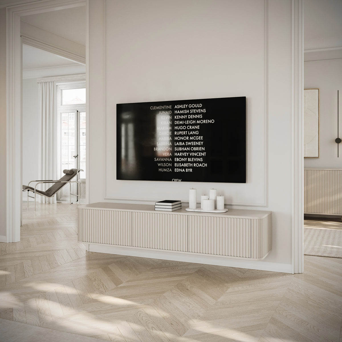 Meuble TV suspendu Ovarlo trois portes avec rainures 163 cm beige sable