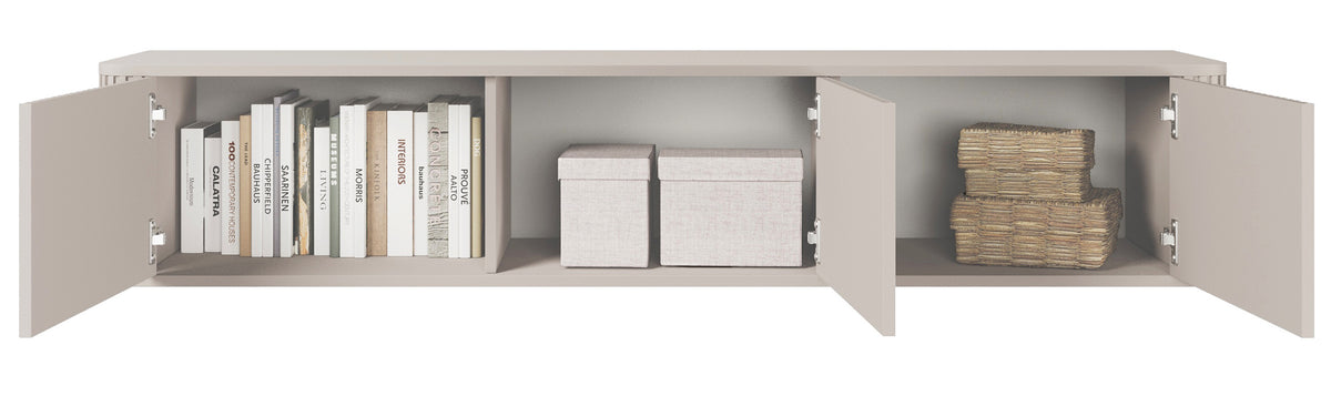 Meuble TV suspendu Ovarlo trois portes avec rainures 163 cm beige sable