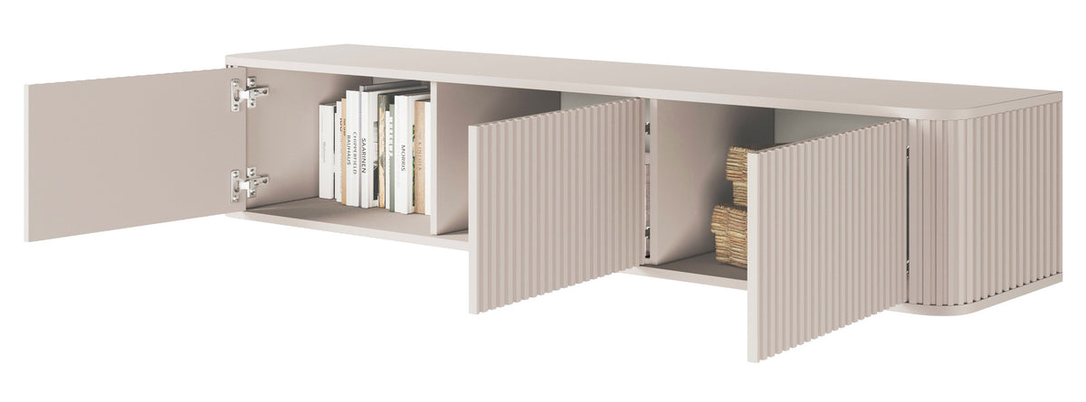 Meuble TV suspendu Ovarlo trois portes avec rainures 163 cm beige sable