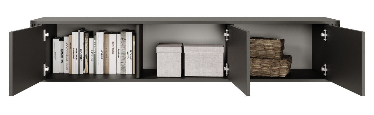 Hängender TV-Schrank Ovarlo mit Rillen, dreitürig, 163 cm, schwarz