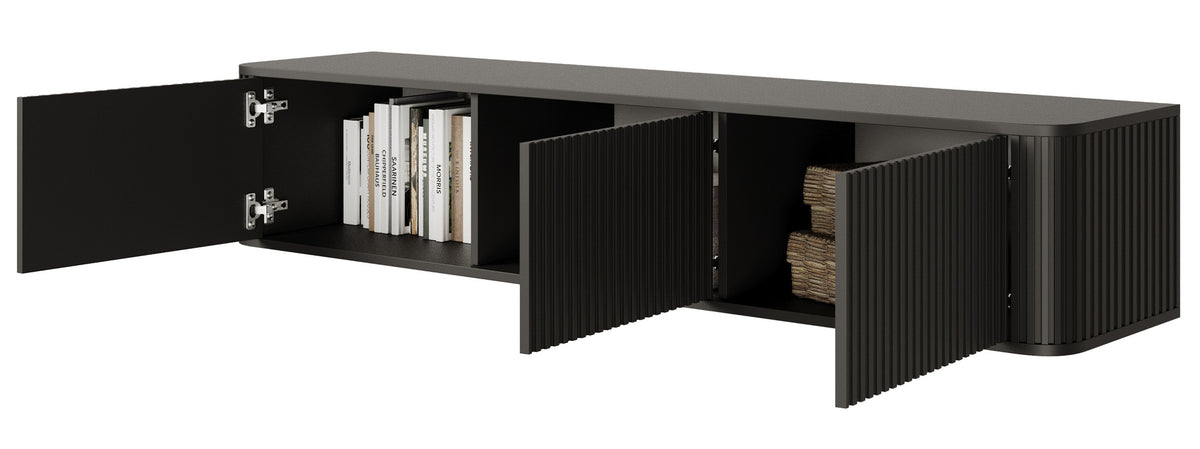 Hängender TV-Schrank Ovarlo mit Rillen, dreitürig, 163 cm, schwarz