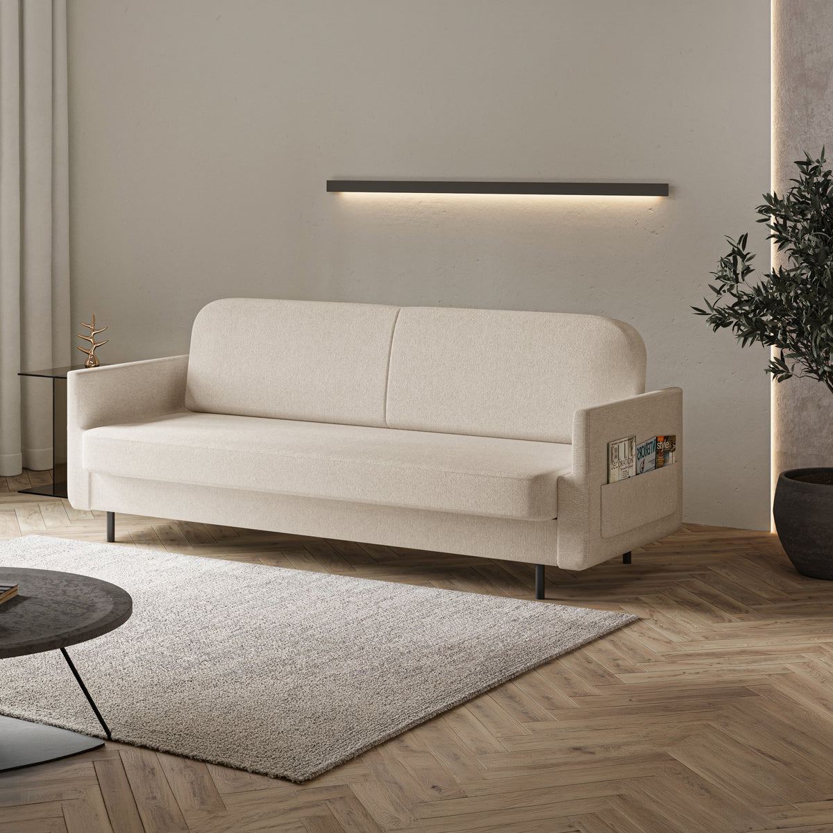 Dreisitziges ausklappbares Sofa Ovelio in hellbeige, hydrophobes Chenille-Gewebe