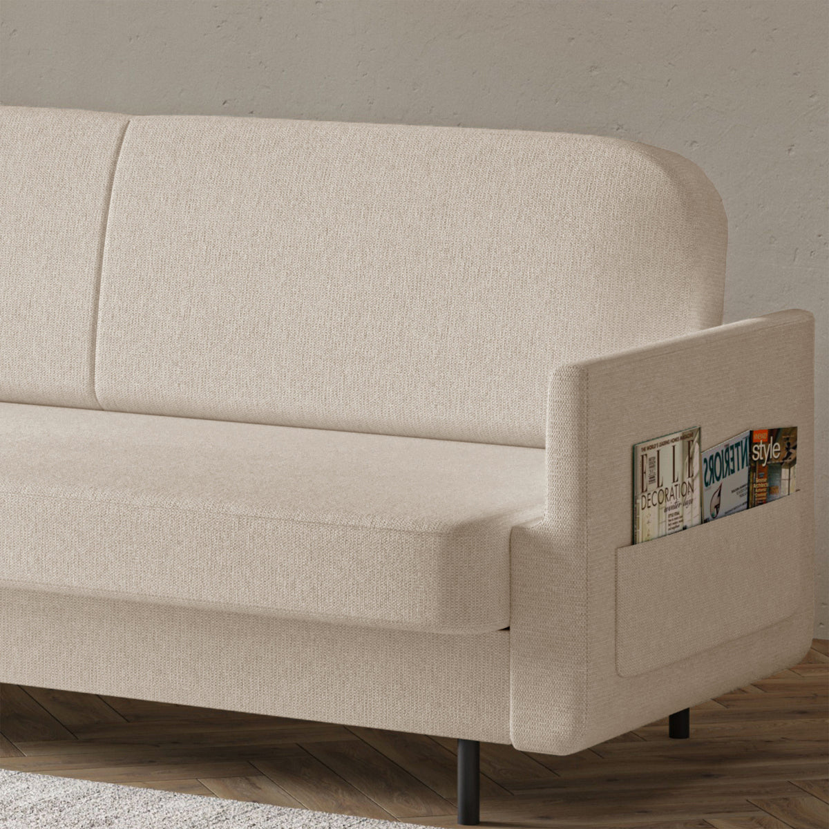 Dreisitziges ausklappbares Sofa Ovelio in hellbeige, hydrophobes Chenille-Gewebe