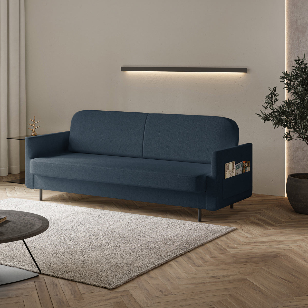 Dreisitziges ausklappbares Sofa Ovelio, marineblauer Chenille-Stoff, wasserabweisend