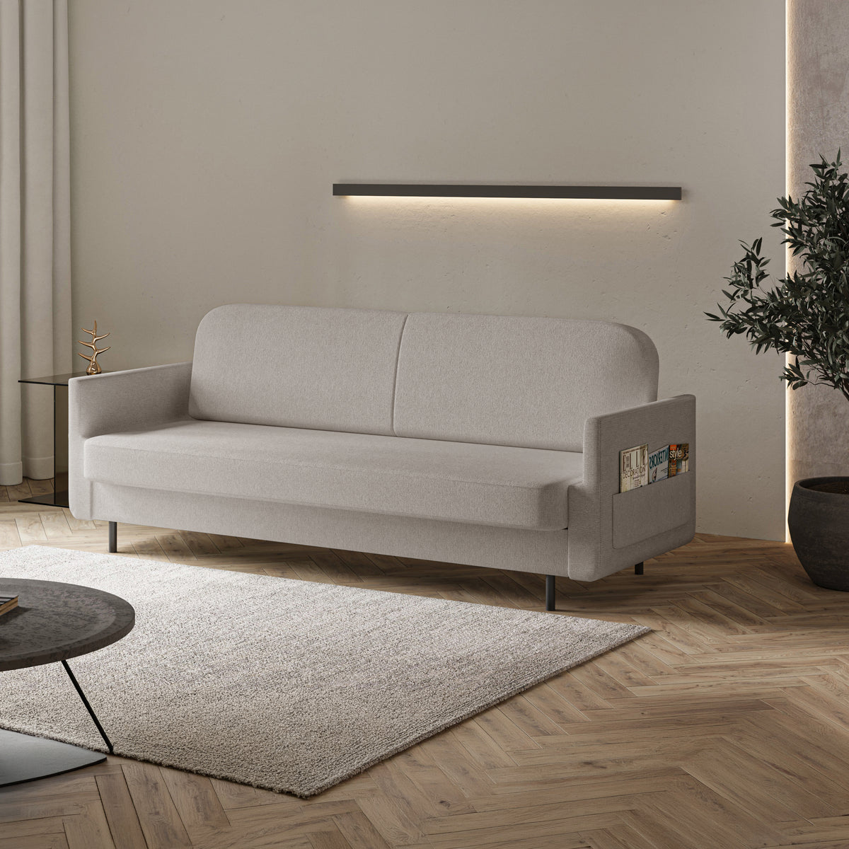 Dreisitziges ausklappbares Sofa Ovelio in grau-beige, hydrophober Chenille-Stoff