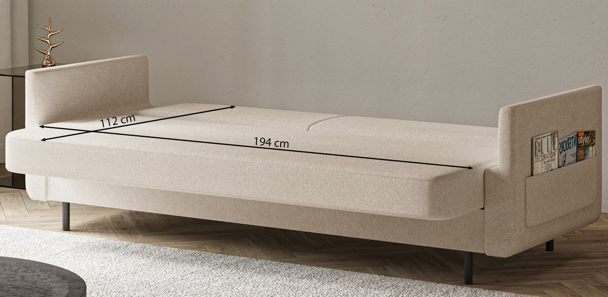 Dreisitziges ausklappbares Sofa Ovelio in hellbeige, hydrophobes Chenille-Gewebe