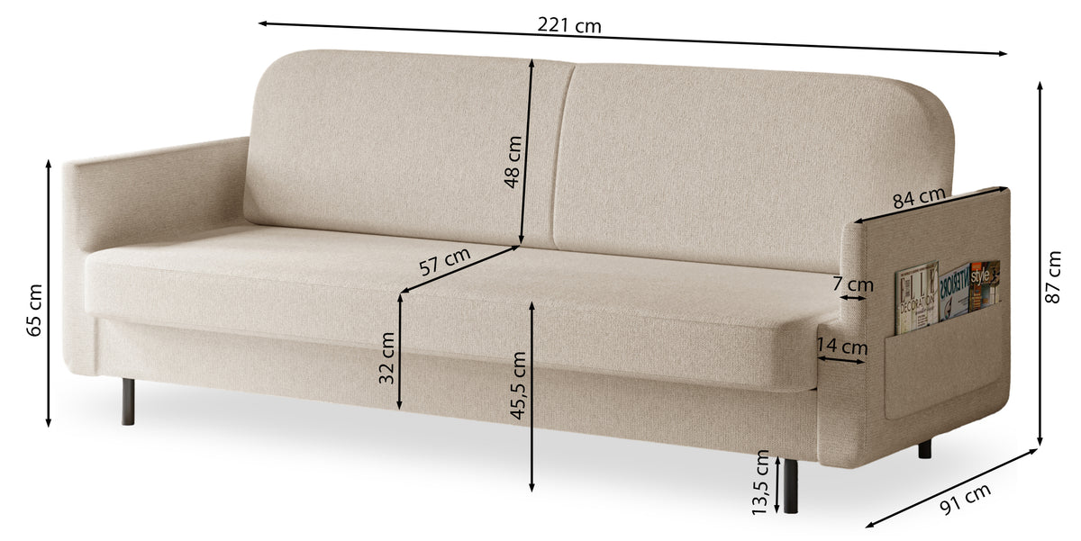 Dreisitziges ausklappbares Sofa Ovelio in hellbeige, hydrophobes Chenille-Gewebe