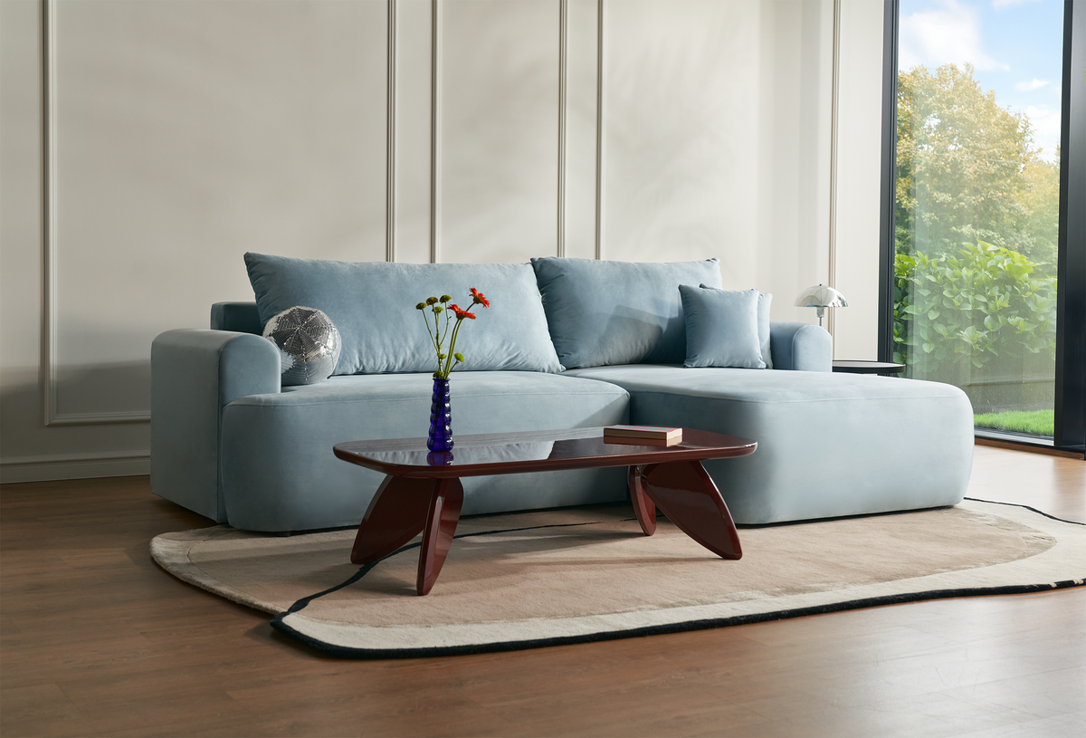 Canapé d'angle droit Ovo avec fonction couchage et coffre de rangement, velours hydrofuge bleu ciel
