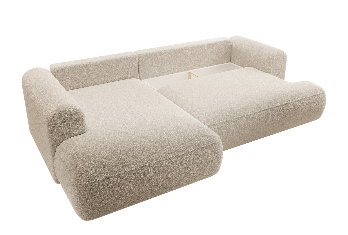 Ecksofa mit Schlaffunktion Ovo, L-förmig, mit Armlehne und Stauraum, beige Bouclé, linksseitig