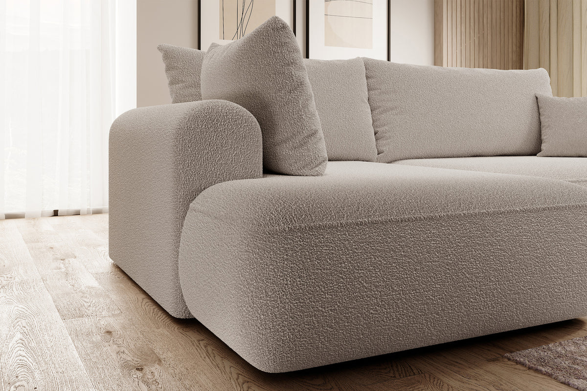 Canapé d'angle convertible Ovo en L avec accoudoir et coffre de rangement, boucle beige foncé, version gauche