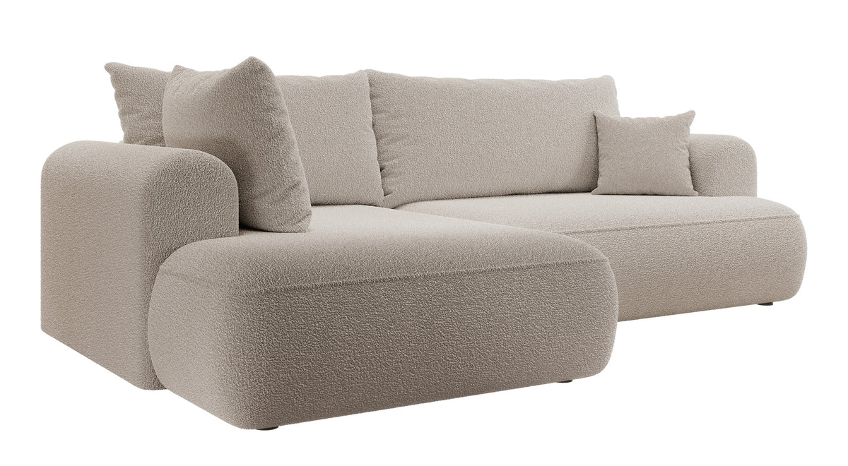 Canapé d'angle convertible Ovo en L avec accoudoir et coffre de rangement, boucle beige foncé, version gauche