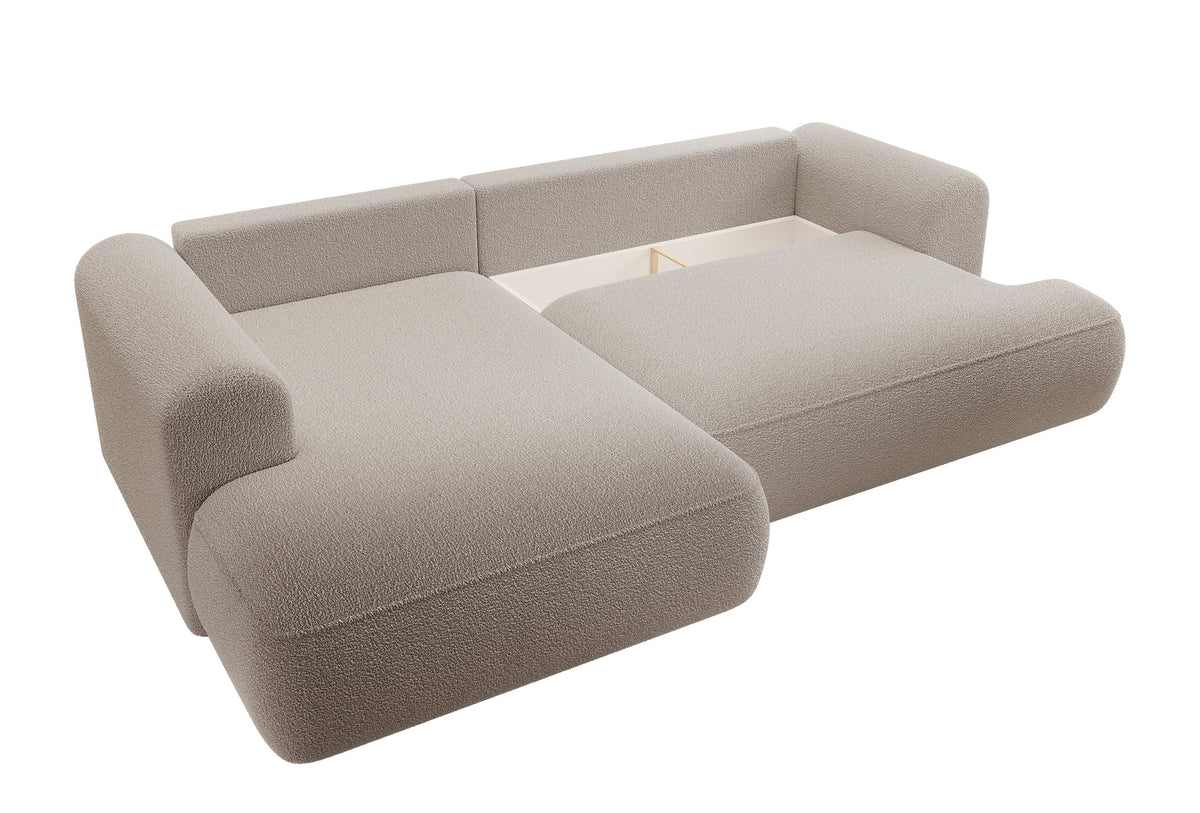 Canapé d'angle convertible Ovo en L avec accoudoir et coffre de rangement, boucle beige foncé, version gauche