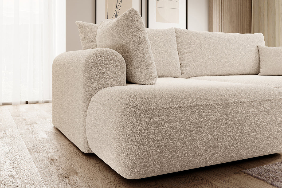 Ecksofa mit Schlaffunktion Ovo, L-förmig, mit Armlehne und Stauraum, beige Bouclé, linksseitig