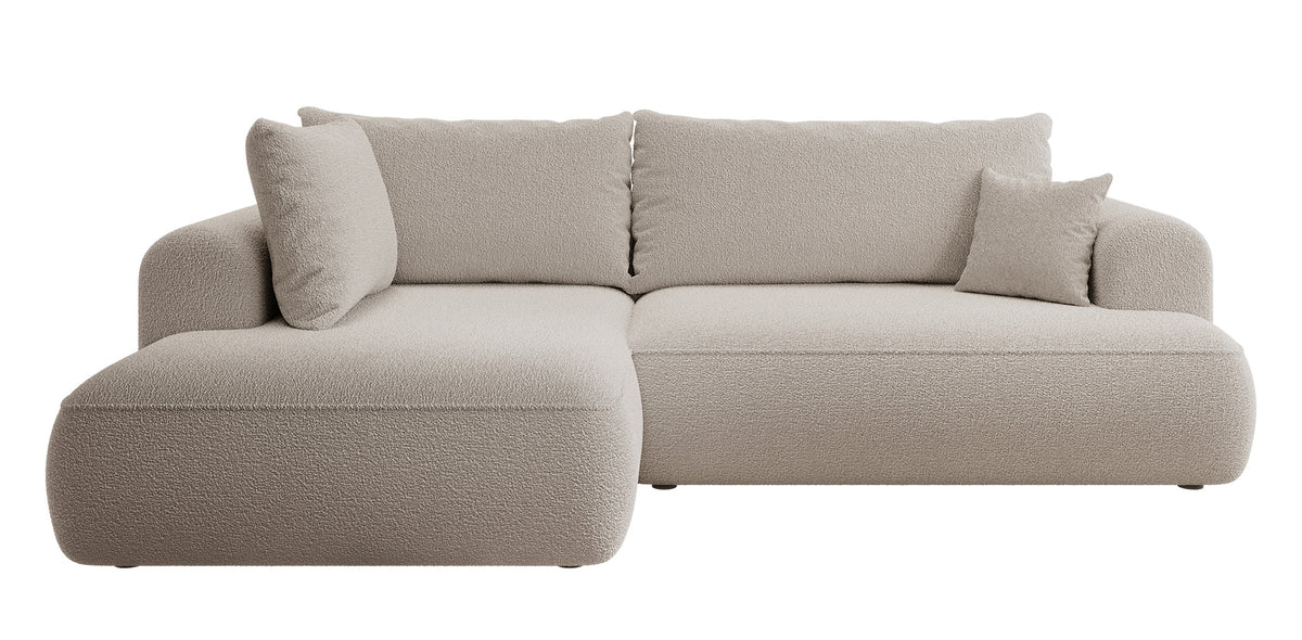Canapé d'angle convertible Ovo en L avec accoudoir et coffre de rangement, boucle beige foncé, version gauche