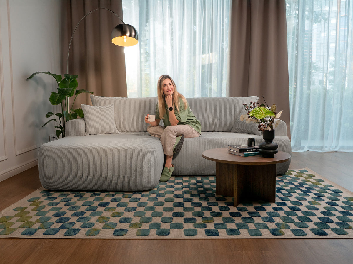 Ecksofa mit Schlaffunktion Ovo Cord, L-förmig, linksseitig, mit Stauraum, grau-beige Cordstoff