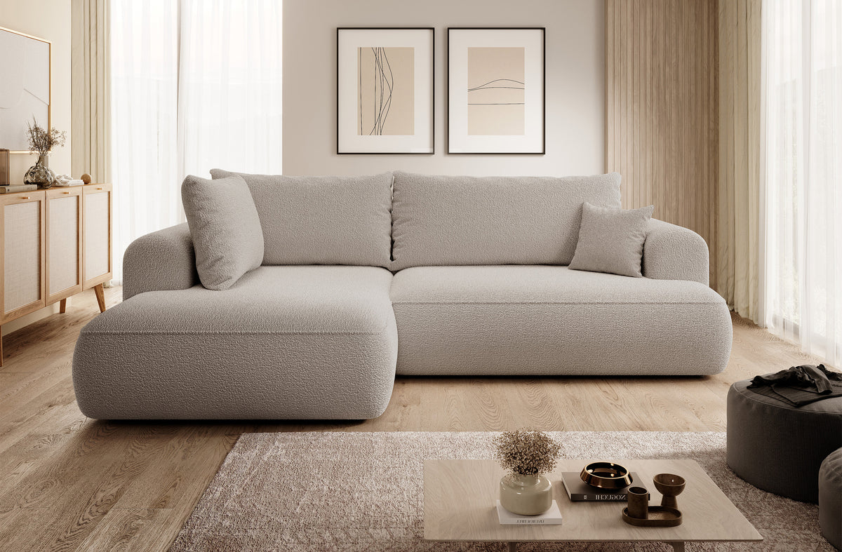 Canapé d'angle convertible Ovo en L avec accoudoir et coffre de rangement, boucle beige foncé, version gauche