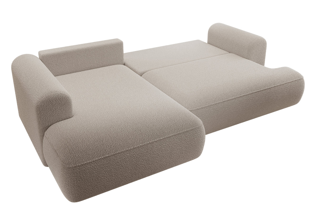 Canapé d'angle convertible Ovo en L avec accoudoir et coffre de rangement, boucle beige foncé, version gauche