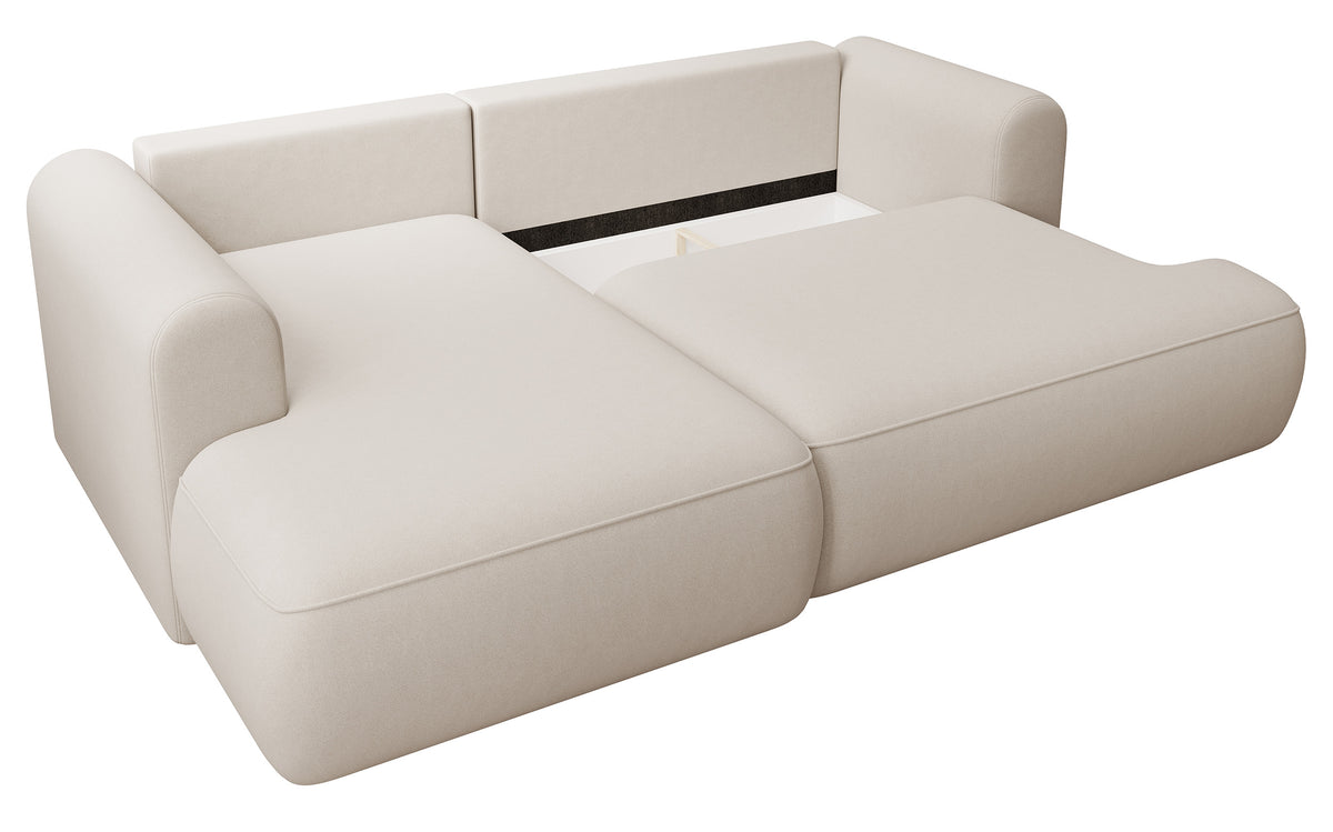 Ecksofa mit Schlaffunktion Ovo mini, L-Form, linksseitig, mit Stauraum, cremefarbener Velours, pflegeleicht
