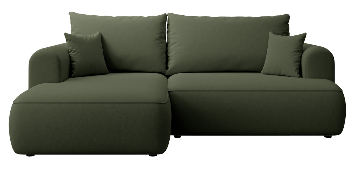 Canapé d'angle convertible Ovo mini en L, côté gauche, avec coffre de rangement, velours olive facile à nettoyer