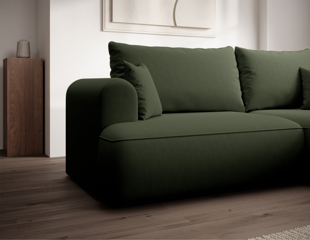 Ecksofa mit Schlaffunktion Ovo Mini, L-förmig, rechtsseitig, mit Stauraum, olivgrüner, leicht zu reinigender Samtbezug