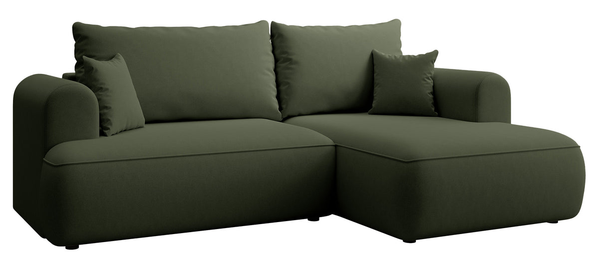 Ecksofa mit Schlaffunktion Ovo Mini, L-förmig, rechtsseitig, mit Stauraum, olivgrüner, leicht zu reinigender Samtbezug