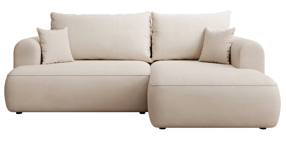 Canapé d'angle avec fonction couchage Ovo mini en L, côté droit, avec rangement, en chenille crème facile d'entretien