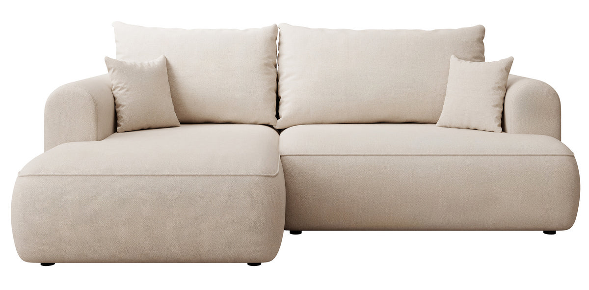 Canapé d'angle avec fonction couchage Ovo mini en L, côté gauche, avec rangement, en chenille crème facile à nettoyer
