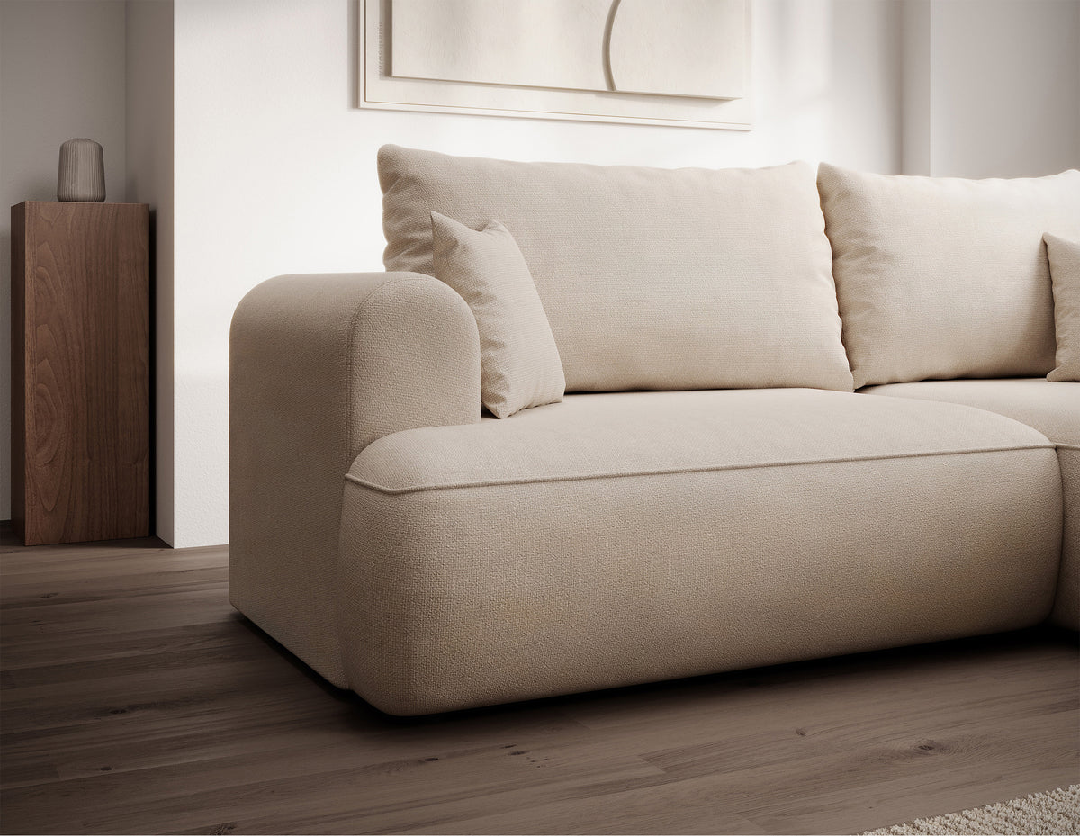 Canapé d'angle avec fonction couchage Ovo mini en L, côté droit, avec rangement, en chenille crème facile d'entretien