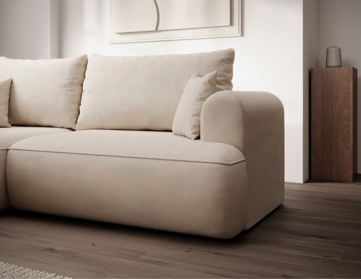 Canapé d'angle avec fonction couchage Ovo mini en L, côté gauche, avec rangement, en chenille crème facile à nettoyer