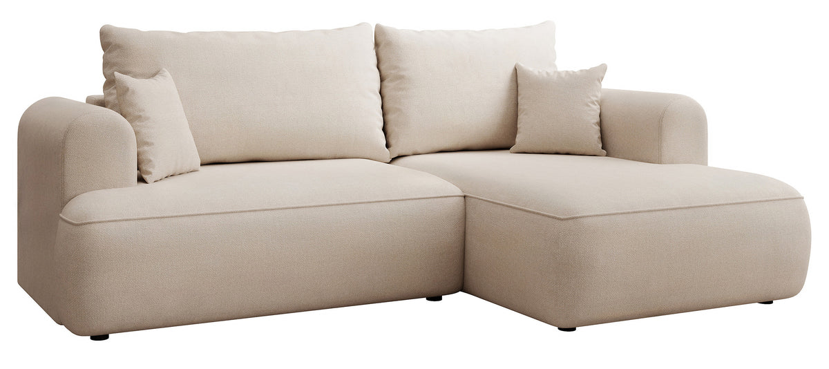 Canapé d'angle avec fonction couchage Ovo mini en L, côté droit, avec rangement, en chenille crème facile d'entretien