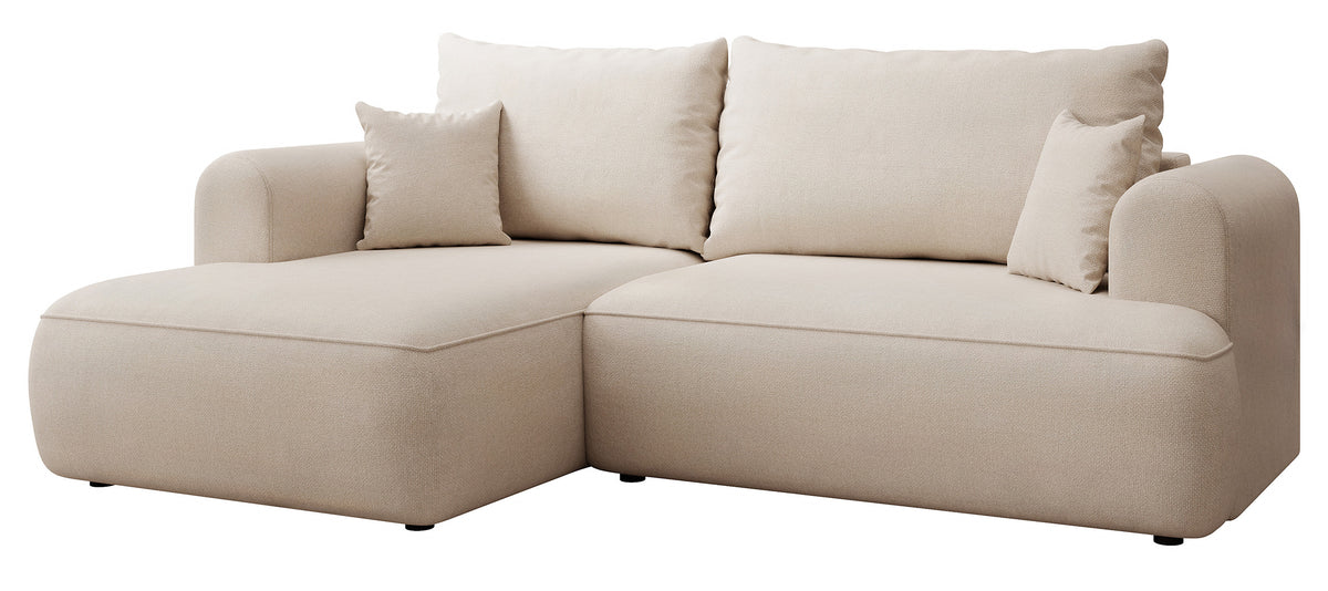 Canapé d'angle avec fonction couchage Ovo mini en L, côté gauche, avec rangement, en chenille crème facile à nettoyer