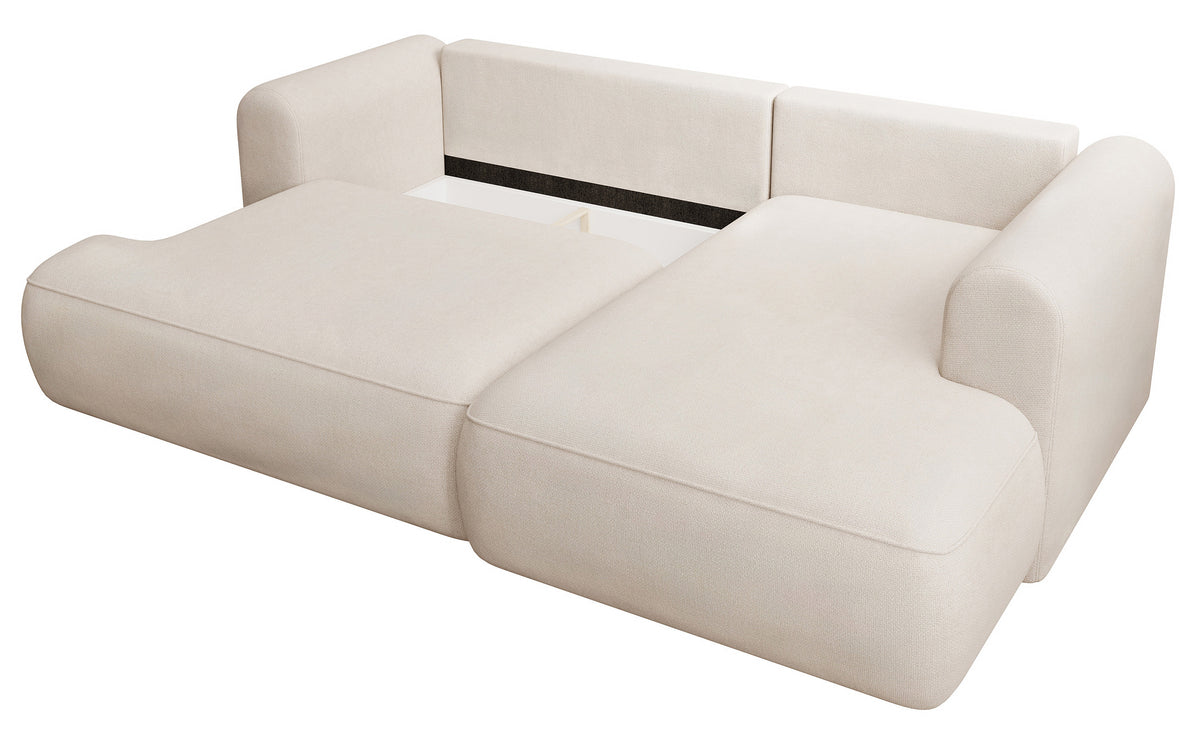 Canapé d'angle avec fonction couchage Ovo mini en L, côté droit, avec rangement, en chenille crème facile d'entretien