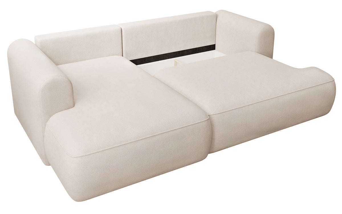 Canapé d'angle avec fonction couchage Ovo mini en L, côté gauche, avec rangement, en chenille crème facile à nettoyer