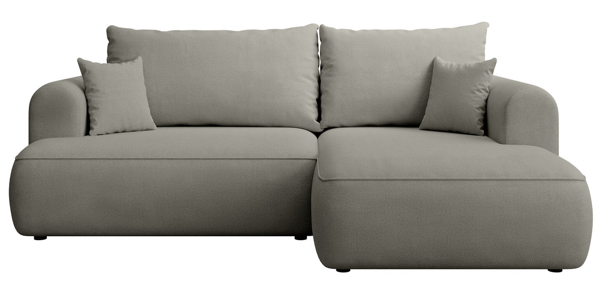 Ecksofa mit Schlaffunktion Ovo mini, L-förmig, rechtsseitig, mit Stauraum, hellgrauer, pflegeleichter Chenille-Stoff