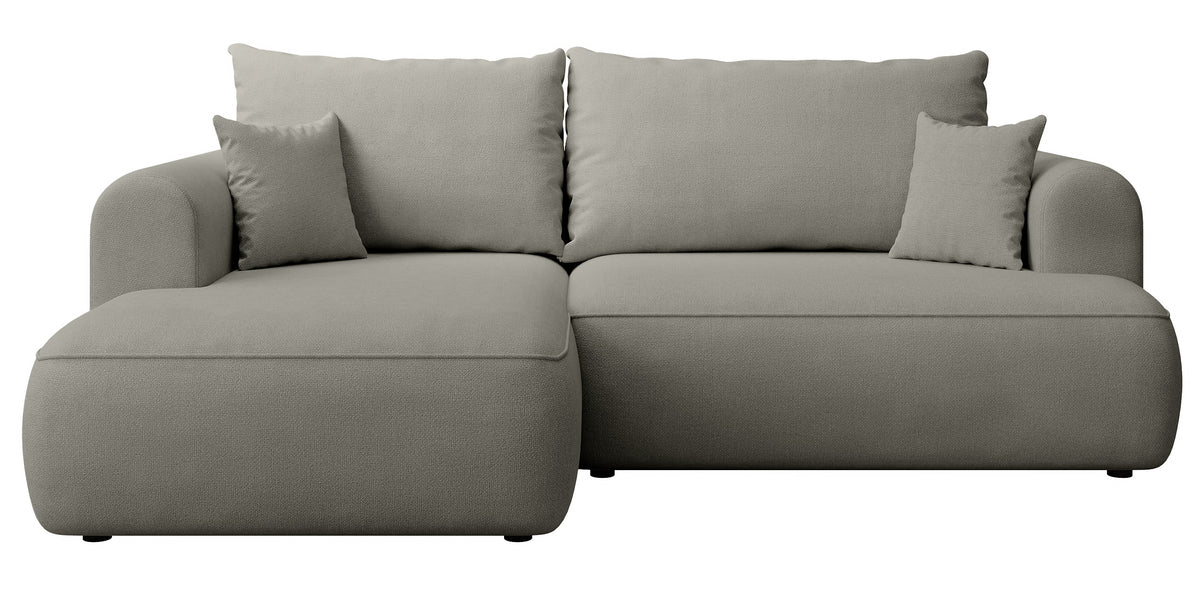 Canapé d'angle convertible Ovo mini en L, côté gauche, avec coffre, tissu chenille gris clair facile d'entretien