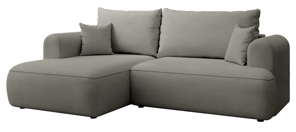 Canapé d'angle convertible Ovo mini en L, côté gauche, avec coffre, tissu chenille gris clair facile d'entretien